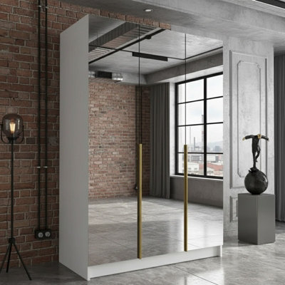 Calia Iii 150Cm Three Door Wardrobe Modern Mirror Front With Contoured Profile Shelves Hanging Rail White Gold from B&Q
