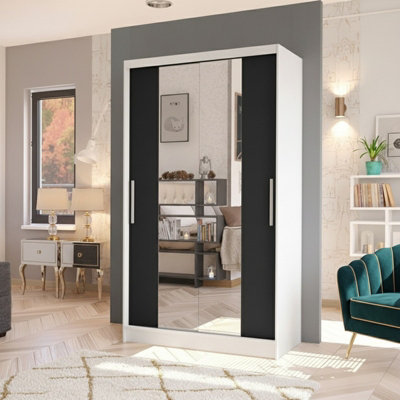 Costa Ii Sliding Door Wardrobe Modern Bedroom Storage With Mirror Spacious Hanging Shelving Unit Sleek Design White Black from B&Q