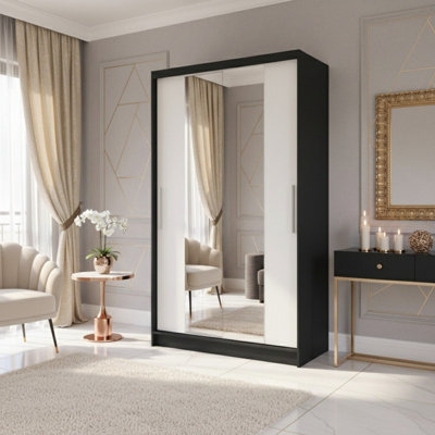 Costa Ii Sliding Door Wardrobe Modern Bedroom Storage With Mirror Spacious Hanging Shelving Unit Sleek Design Black White from B&Q