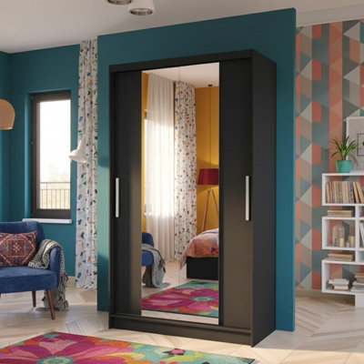 Costa Ii Sliding Door Wardrobe Modern Bedroom Storage With Mirror Spacious Hanging Shelving Unit Sleek Design Black from B&Q