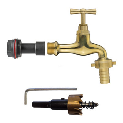1/2" Bsp Water Butt Fitting Set With 13mm Polished Brass Hose Barb Tap And 21mm Hss Hole Cutter from B&Q