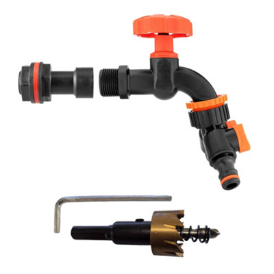 3/4" Bsp Water Butt Fitting Set With Black Dial TapTwo-Way Hose Splitter And 27mm Hole Saw from B&Q
