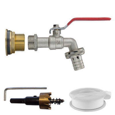 1" Brass Water Butt Fitting Kit With 3/4" Barb Lever TapPtfe Tape And 34mm Hss Hole Saw from B&Q