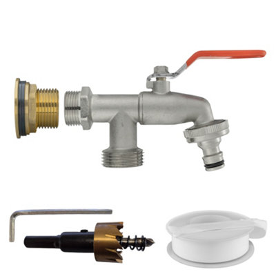1" Water Butt Brass Kit With Dual Outlet Garden TapPtfe Tape And 34mm Hss Hole Saw Drill Bit from B&Q
