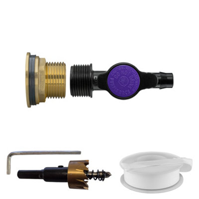 1" Bsp Brass Water Butt Connector Kit With 3/4" Bsp To 13mm Barbed Irrigation ValvePtfe Tape And 34mm Hss Hole Saw Cutter from B&Q