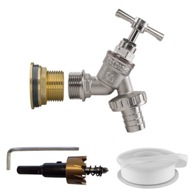 1" Brass Water Butt Installation Kit With Nickel-Plated Barbed Hose TapPtfe Tape And 34mm Hss Hole Saw from B&Q