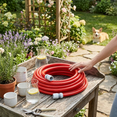 12.5mm Red Water Hose 50M Kit With Two Quick-Click Connectors4-Layer Reinforced PvcDrinking Water Safe from B&Q
