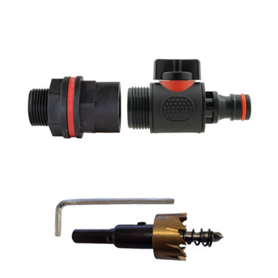 3/4" Bsp Water Butt Connector Kit With In-Line Click-Lock Valve And 27mm Hss Drill Bit from B&Q