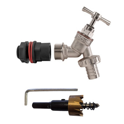 3/4" Bsp Water Butt Connection Set With Nickel-Plated Hose Barb Tap And 27mm Hss Drill Bit from B&Q