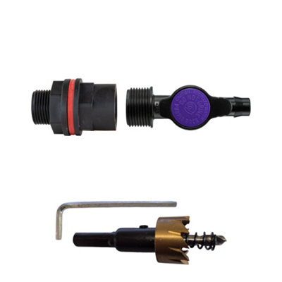 3/4" Water Butt Connection Set With 13mm Barb Irrigation Valve And 27mm Drill Bit - from B&Q