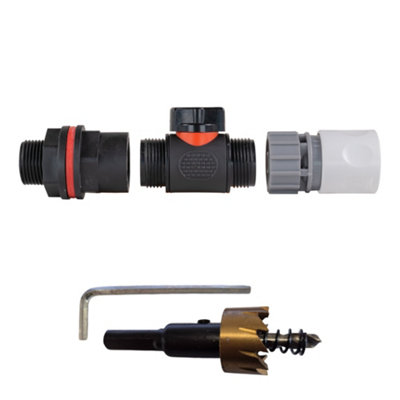 Bsp Water Butt Connector Kit With In Line Shut Off Valve Click Lock Female Hose Connector And 27mm Hss Drill Bit from B&Q