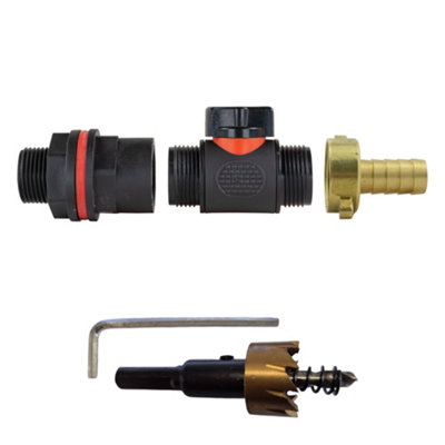 3/4" Bsp Water Butt Kit With In-Line ValveBrass 13mm Hose Tail And 27mm Hss Drill Bit from B&Q