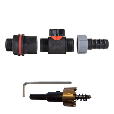 3/4" Bsp Water Butt Connector Set With In-Line Valve20mm Hose Barb Joiner And 27mm Hss Drill Bit from B&Q