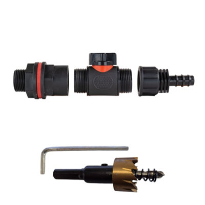  - 3/4" Bsp Water Butt Connector Kit With In-Line Soft-Touch Valve16mm Hose Barb And 27mm Drill Bit Set