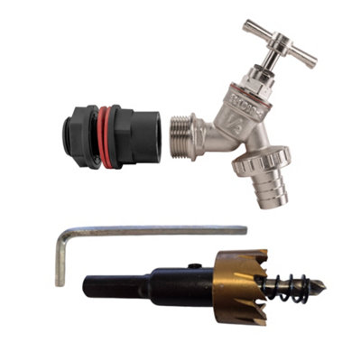 Water Butt Set With Nickel Plated Brass Bib Tap Hose Barb Outlet And 21mm Hss Drill Bit from B&Q