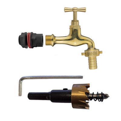  - Water Butt Connector Set 1/2" Bsp With 15mm Polished Brass Tap And 21mm Hss Drill Bit