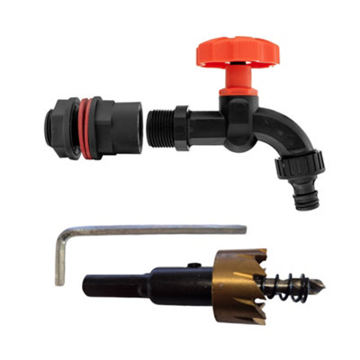 Water Butt Connector Set 1/2" Bsp With Black Polypropylene Tap And 21mm Hss Drill Bit Hole Cutter from B&Q
