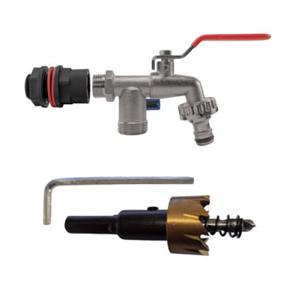 Water Butt Connection Kit 1/2" Bsp Adapter With Twin Outlet Nickel Plated Brass Tap And 21mm Hss Drill Bit from B&Q