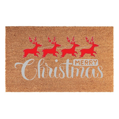 Festive Coir Doormat 60 X 40 Cm"merry Christmas" Red And Silver With Reindeer from B&Q