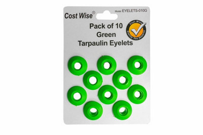  - Pack Of 10 Green Clip-On Tarpaulin Eyelets For Repairs And Tie-Downs
