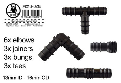 Hoz15 Mixed Barbed Hose Fittings Kit  15 Piece Elbows Tees Straight Joiners And End Plugs from B&Q