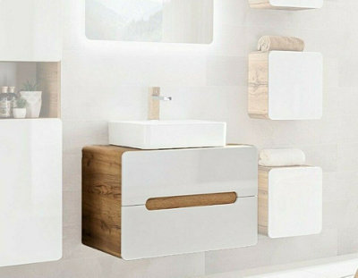 B&Q -  Bathroom Vanity Unit Countertop 800mm Wall Cabinet With Drawers White Gloss Oak Arub