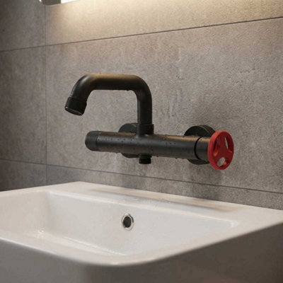 B&Q -  Wallmounted Bath Mixer Tap Sink Faucet Black Finishing Industrial Red Handle