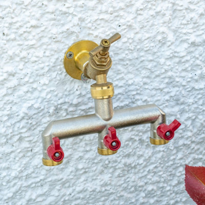 B&Q -  Outdoor Nickel Plated Brass Garden Tap Splitters (3 Way Splitter) Individual Outlet Valves3/4"bsp Thread