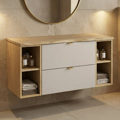 B&Q -  Dalia Bathroom Cabinet Vanity  100Cm With Two Open Shelving In Cashmere & Cremona Oak