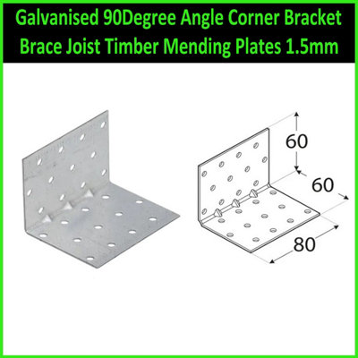 Galvanised 90Degree Angle Corner Bracket Brace Joist Timber Mending Plates 1.5mm Size: 60X60X80mm ( Pack Of: 10 ) from B&Q