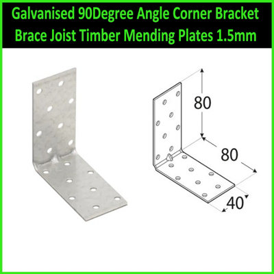 Galvanised 90Degree Angle Corner Bracket Brace Joist Timber Mending Plates 1.5mm Size: 80X80X40mm ( Pack Of: 10 ) from B&Q