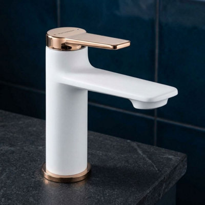 B&Q -  White/rose Gold Finishing Bathroom Basin Sink Tap Single Lever Faucet Mixer