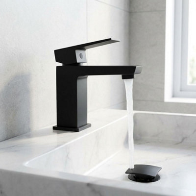 Invena Rectangle Shaped Basin Faucet Bathroom Black Brass Ceramic Mixer Deck Mounted from B&Q