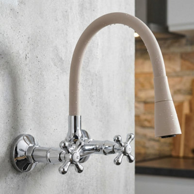 Invena Beige Flexible Spout Chrome Kitchen Tap Wallmounted Faucet Cross Heads Mixer from B&Q