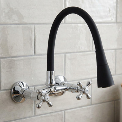 Invena Black Flexible Spout Chrome Kitchen Tap Wallmounted Faucet Cross Heads Mixer from B&Q