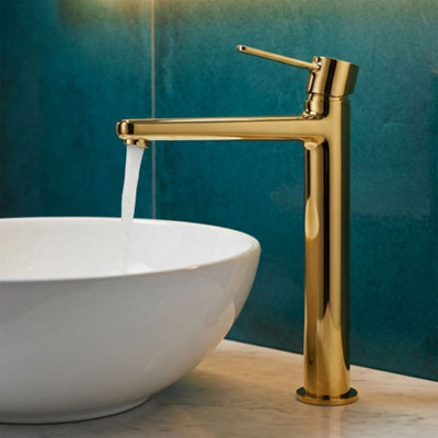 Invena Tall Gold Brass Bathroom Basin Tap Sink Faucet Single Lever Standing Mixer from B&Q