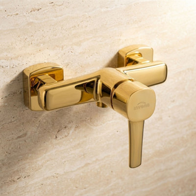 B&Q -  Gold Brass Bathroom Shower Faucet Single Lever Wall Mounted Mixer Tap