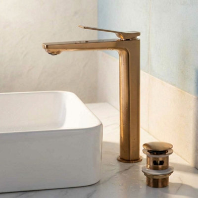 Invena Tall Brushed Copper Bathroom Sink Tap Basin Standing Faucet Mixer Single Lever from B&Q