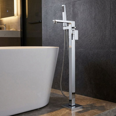 Invena Freestanding Chrome Bath Tap Rectangle Shaped Bathtub Tall Faucet Shower Mixer from B&Q