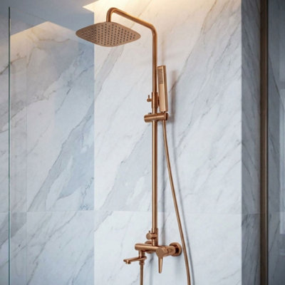 Invena Brushed Copper Shower Mixer With Spout Set Rainfall Shower Rail Glamour from B&Q