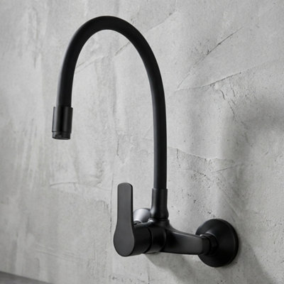 Invena Black Wall Mounted Kitchen Tap Elastic Spout Faucet Single Lever Water Mixer from B&Q