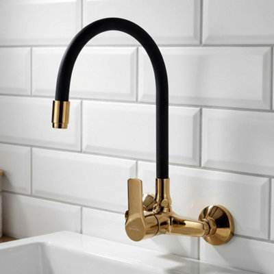 Invena Gold Wall Mounted Kitchen Tap Elastic Spout Faucet Single Lever Water Mixer from B&Q