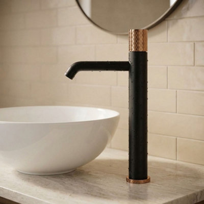 Invena Black/rose Gold Tall Brass Tap Bathroom Basin Faucet Engraved Handle Mixer from B&Q