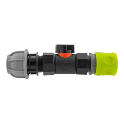  - Lime Click-Lock Hose Connector With 3/4" Bsp In-Line Soft-Touch Valve And 20mm Mdpe Straight Coupling