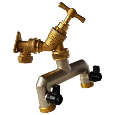 15mm Brass Wall Flange Kit With Brass Garden Bib Tap 1/2" Bsp And 3/4" Bsp Two-Way Metal Splitter from B&Q