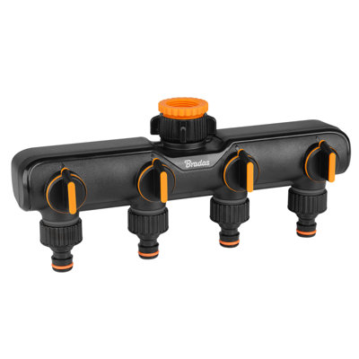  - Four-Way Garden Tap Splitter With Valves And Click-Lock Outlets1" And 3/4" Bsp CompatibleOrange/black