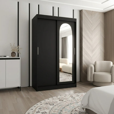 Selfie 120Cm Sliding Double Wardrobe With Single Mirror Door Spacious Storage With Hanging Rail Shelves Black from B&Q