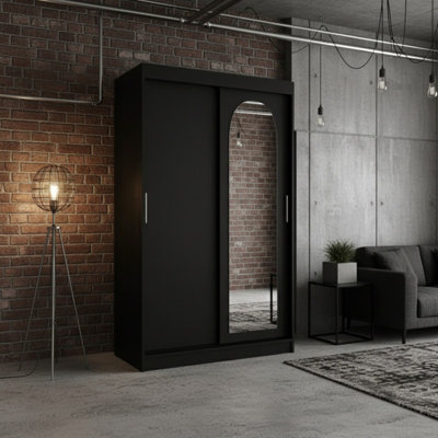 Selfie 120Cm Sliding Double Wardrobe With Single Mirror Door Spacious Storage With Hanging Rail Shelves Black With Drawers from B&Q
