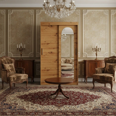 Selfie 120Cm Sliding Double Wardrobe With Single Mirror Door Spacious Storage With Hanging Rail Shelves Artisan Oak from B&Q