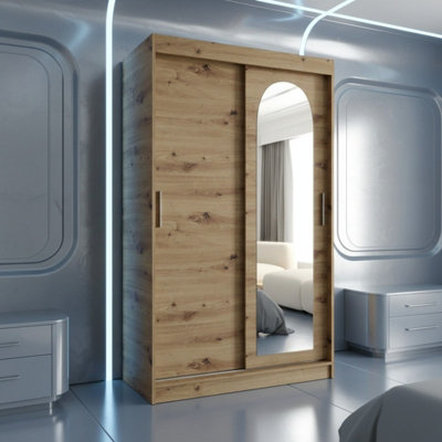 Selfie 120Cm Sliding Double Wardrobe With Single Mirror Door Spacious Storage With Hanging Rail Shelves Artisan Oak With Drawers from B&Q